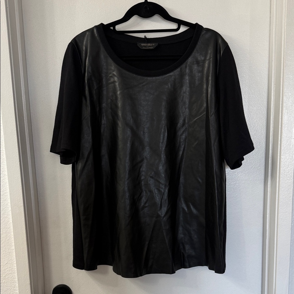 MARINA RINALDI VITA Faux Leather Front Black Short Sleeve Top—NWT -16